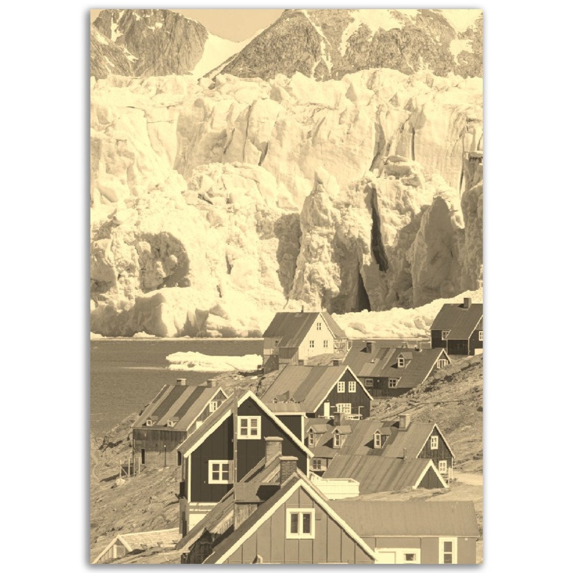 Vintage Greenland Sepia Arctic Village Glacier Landscape Travel Print