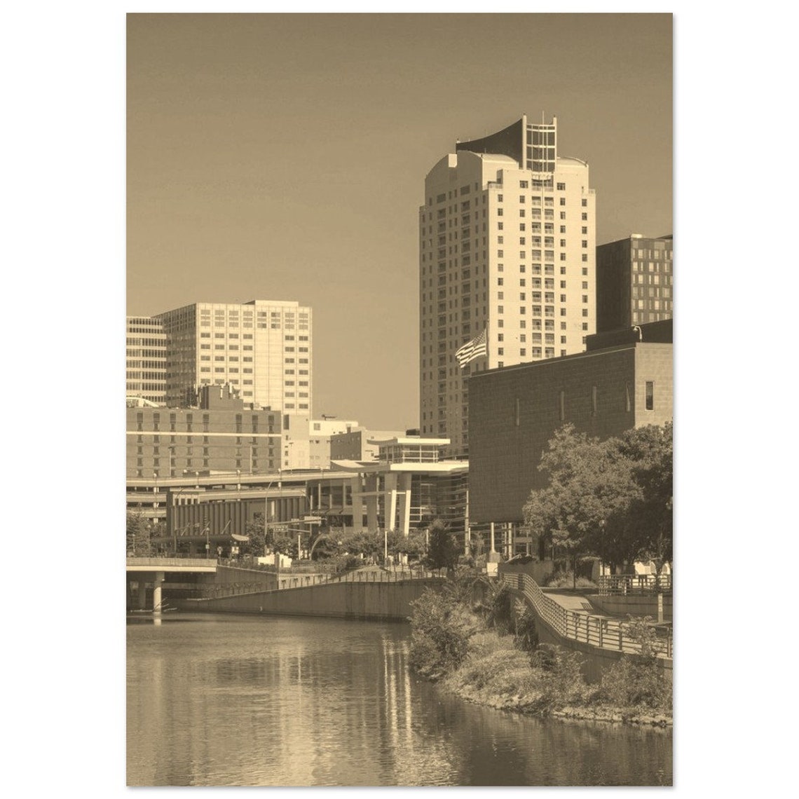 Sepia Downtown Riverfront Skyline Cityscape Vintage Photo Print