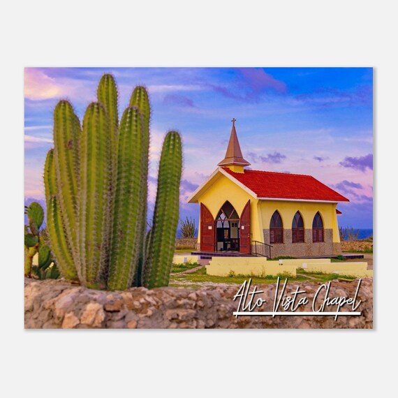 Alto Vista Chapel Aruba Yellow Church Cactus Desert Sunset Poster