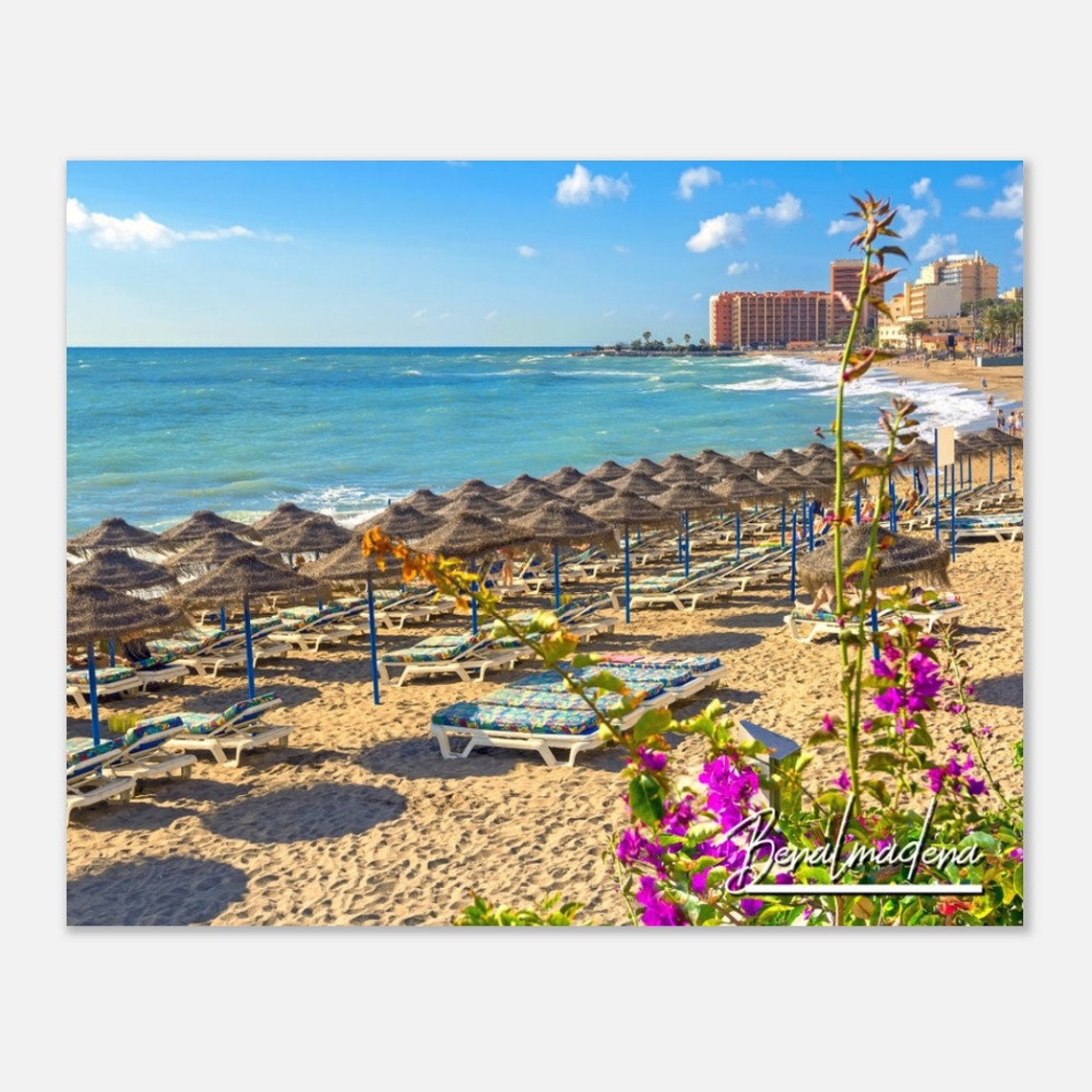 Benalmadena Spain Beach Straw Umbrellas Sunny Coastline Poster