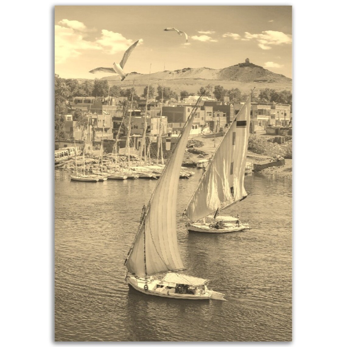 Nile River Egypt Felucca Sailboats Vintage Sepia Travel Poster