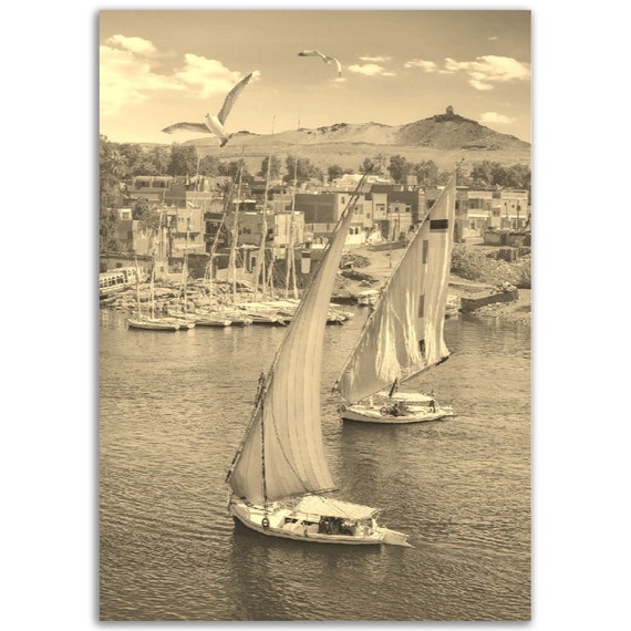 The Nile River Vintage Sepia Print Egypt Travel Poster
