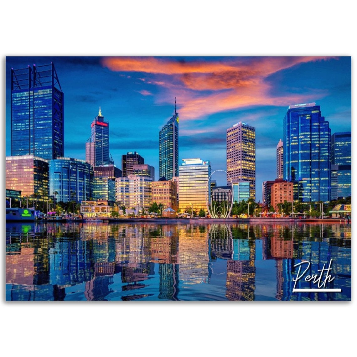 Perth Australia Skyline Dusk Swan River Reflections Travel Poster