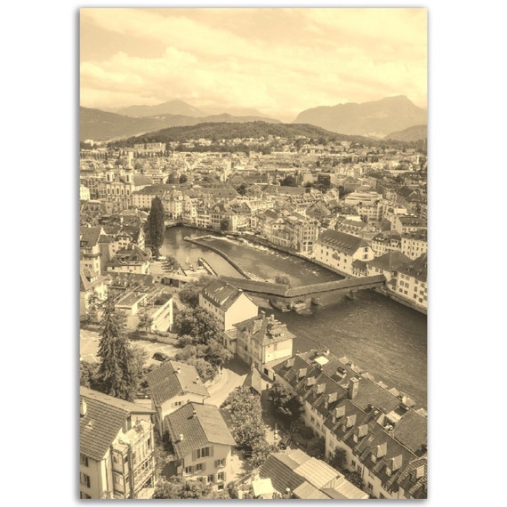 Lucerne Switzerland Poster Vintage Sepia Swiss Cityscape Print
