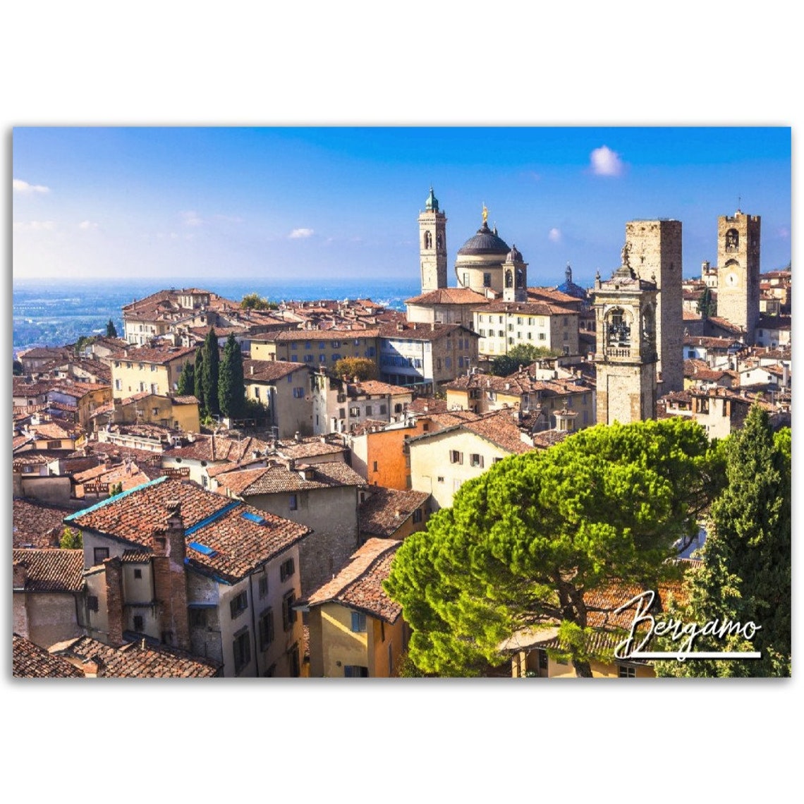 Bergamo Italy Historic Old Town Rooftops Sunny Travel Poster
