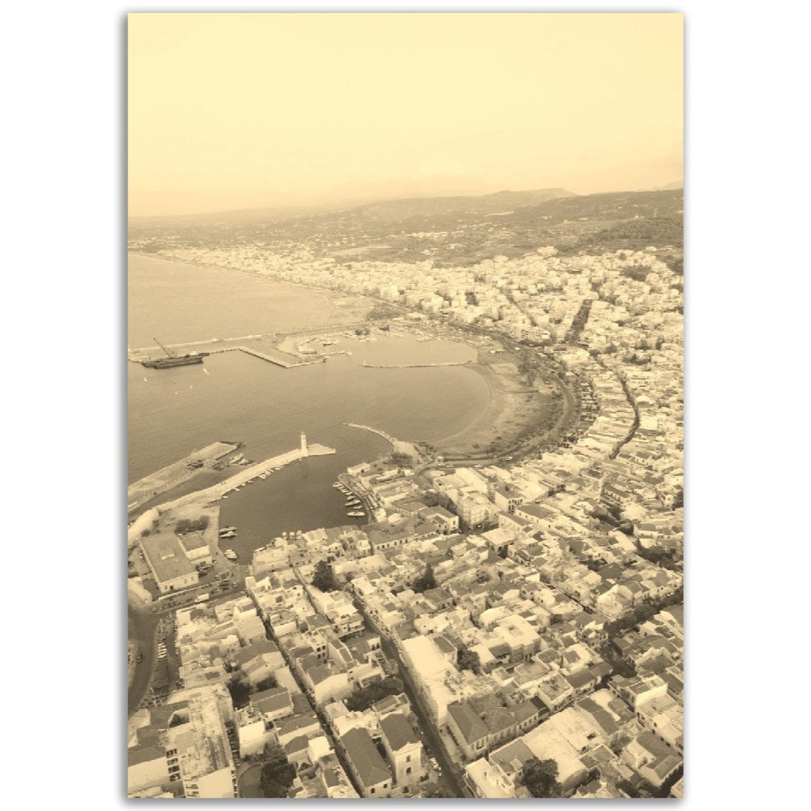 Vintage Sepia Rethymno Greece Aerial Coastal City Photo Poster