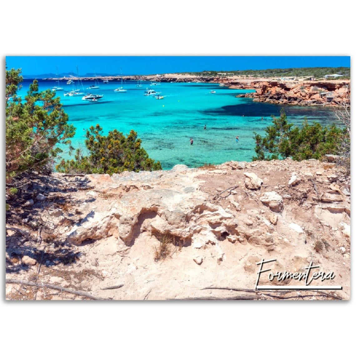 Formentera Spain Beach Poster With Turquoise Cove Sailboats And Cliffs