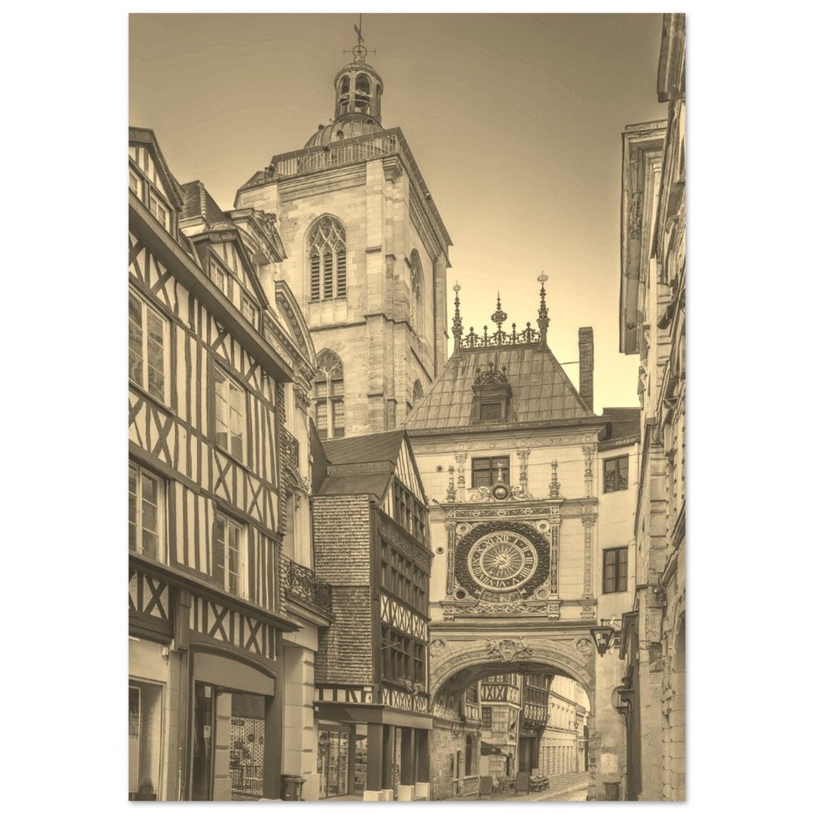 Vintage Rouen France Astronomical Clock Sepia Street Photo Poster