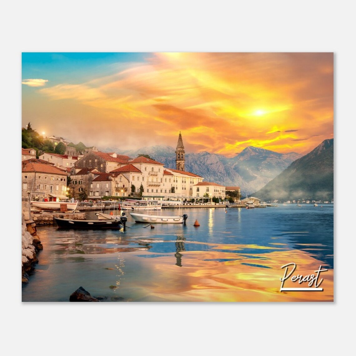 Perast Bay Of Kotor Montenegro Sunset Harbor Town Travel Poster