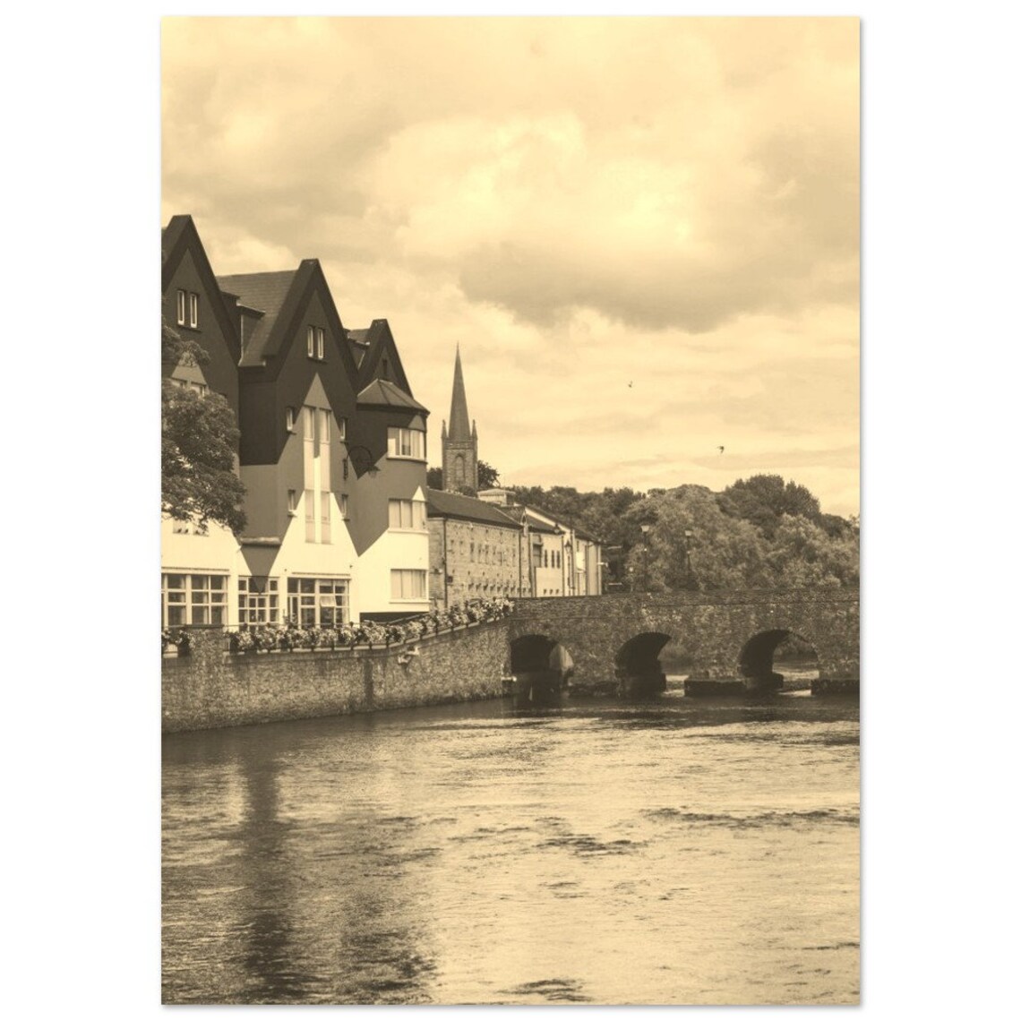 Sligo Ireland Sepia River Bridge Old Town Photo Travel Poster