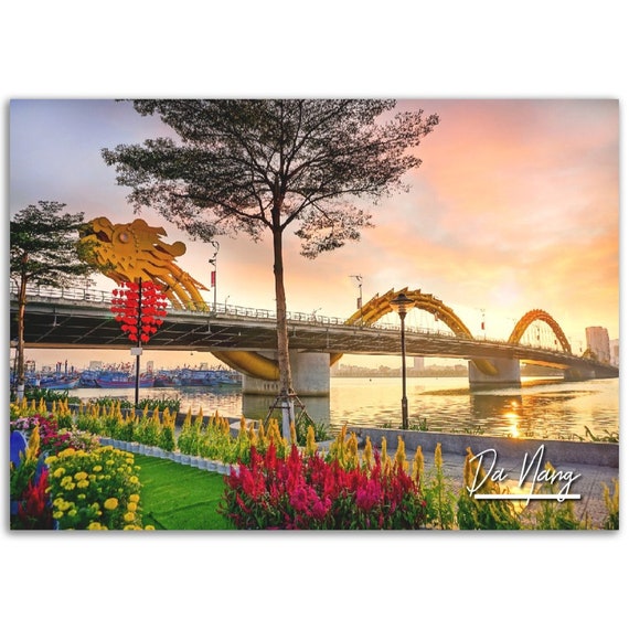 Da Nang Dragon Bridge Sunset River Flowers Vietnam Travel Poster