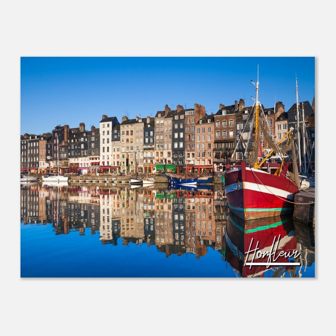 Honfleur France Colorful Harbor Reflections Red Boat Travel Poster