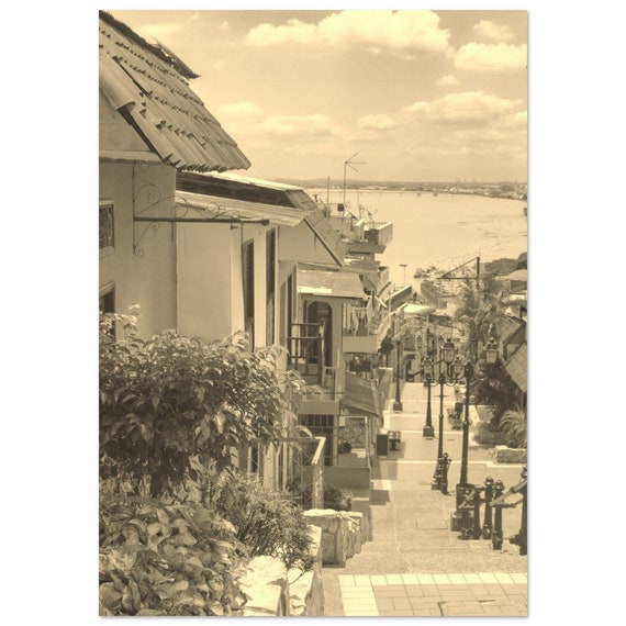 Vintage Guayaquil Ecuador Travel Poster Sepia Coast Street Print