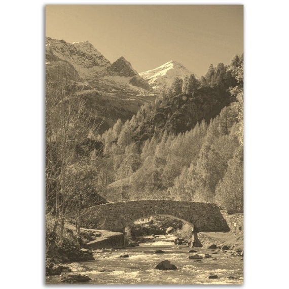 Vintage Pyrenees Poster Sepia Mountain Landscape Print
