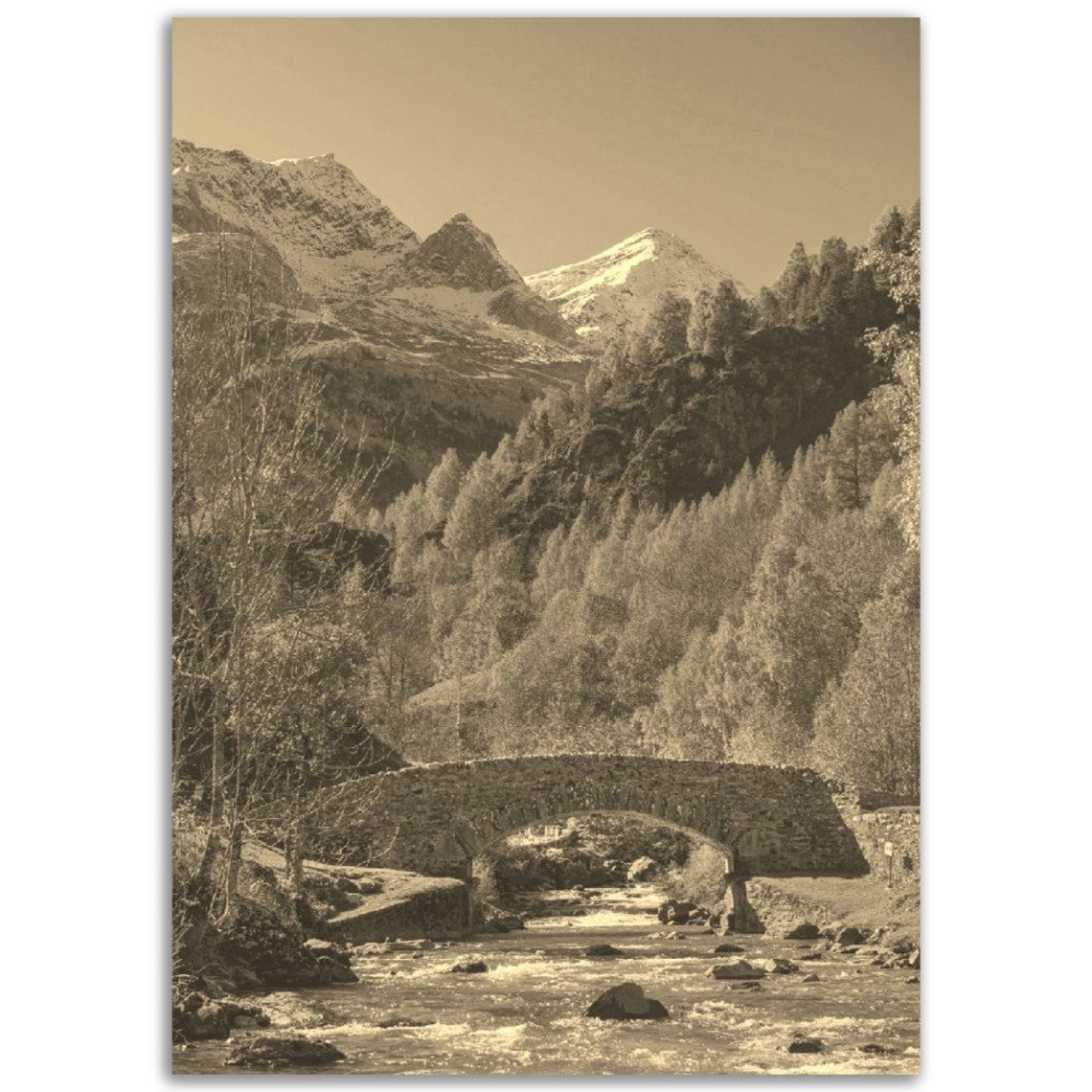 Vintage Pyrenees Sepia Mountain Landscape Stone Bridge Stream Poster