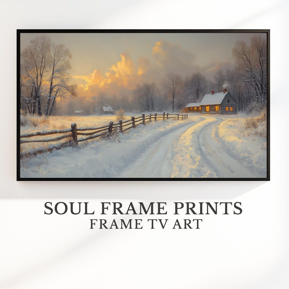 Snowy Country Road and Cabin at Sunset Winter Landscape Print