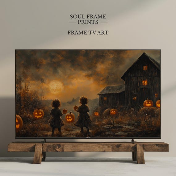 Vintage Halloween Frame Tv Art Nostalgic Pumpkin Barn Scene For Samsung Autumn Kids Fall Wall Display 18