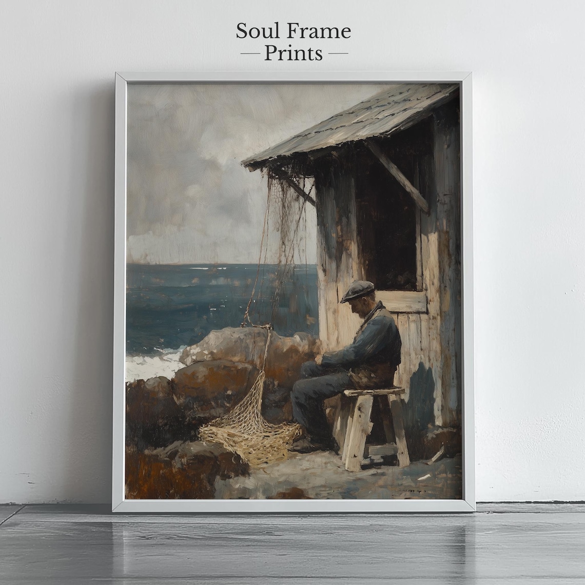Vintage Fisherman Mending Nets Coastal Shack Nautical Oil Art Poster