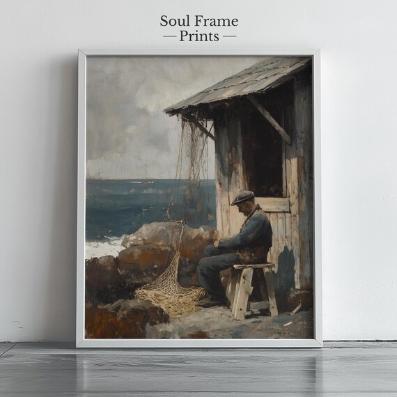 Vintage Fisherman Mending Nets Coastal Shack Nautical Oil Art Poster