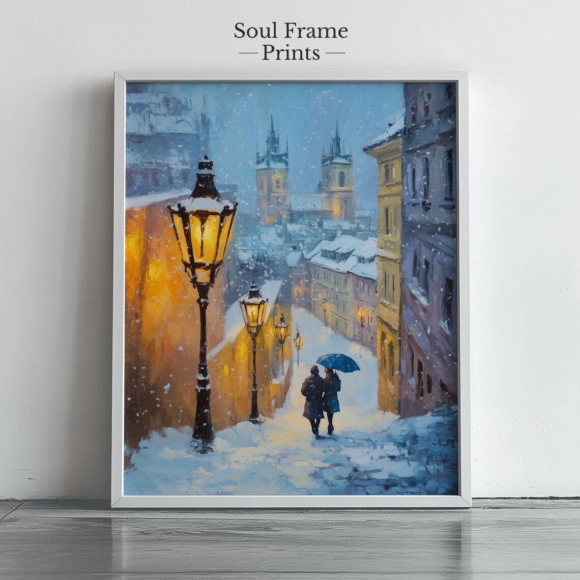 Snowy European Old Town Street With Couple Under Umbrella Poster