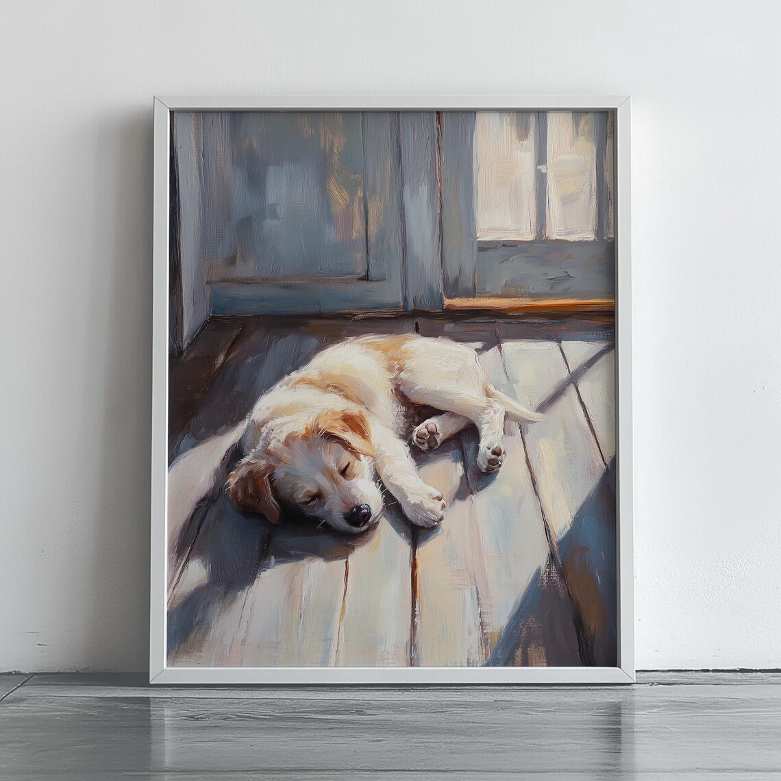 Sleeping Golden Puppy Oil Painting on Sunlit Wooden Porch Poster