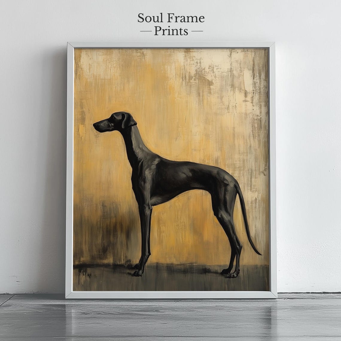Black Greyhound Dog Standing Portrait Poster Vintage Rustic Animal Art