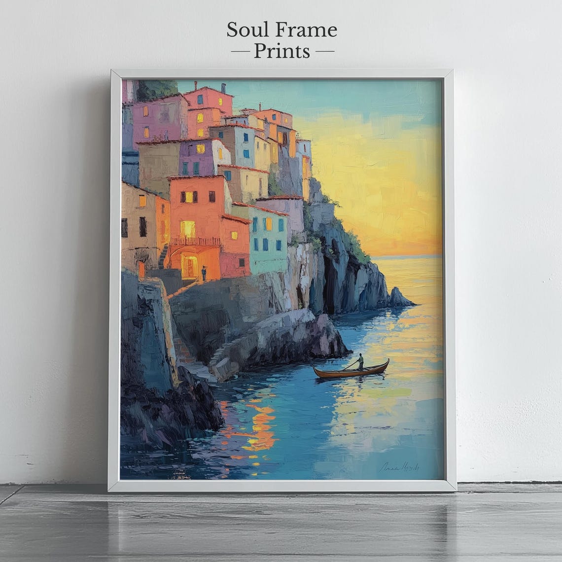 Mediterranean Cliff Village At Golden Sunset With A Lone Boat Poster
