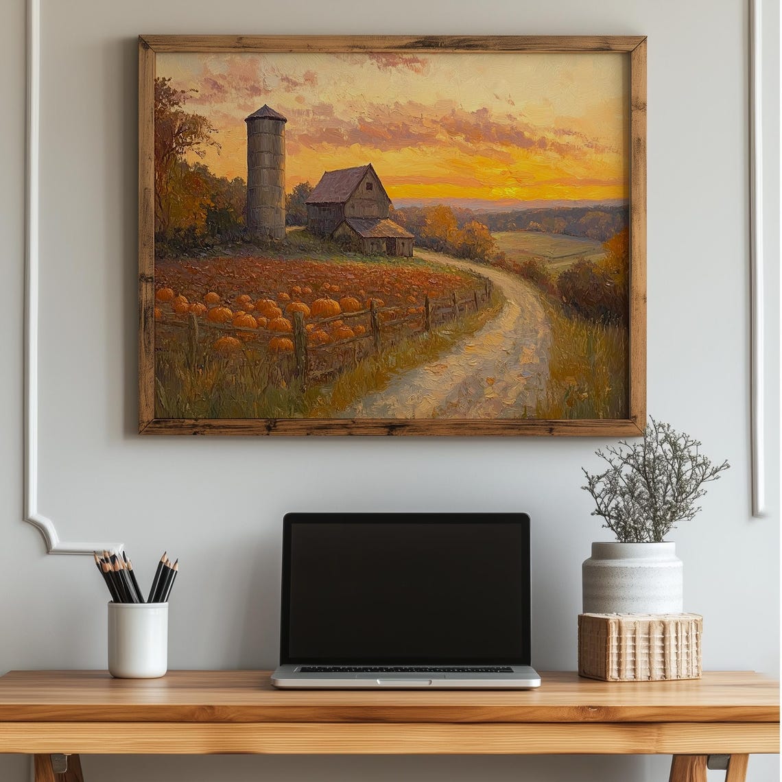 Pumpkin Patch Sunset Barn Silo Farmhouse Autumn Harvest Poster