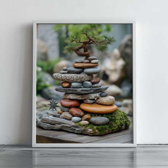 Zen Bonsai Art Print Japanese Garden Decor Stacked Stones Wall Peaceful Nature Meditation Room Earthy Spa 183