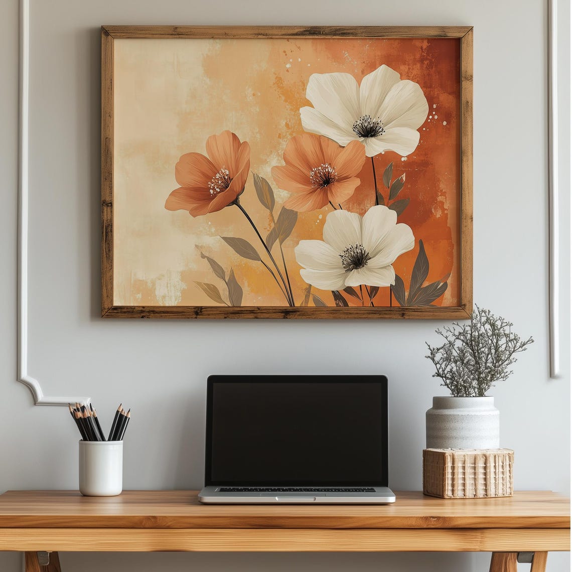 Terracotta Blooms Boho Botanical Art Print With Cream Flowers On Amber