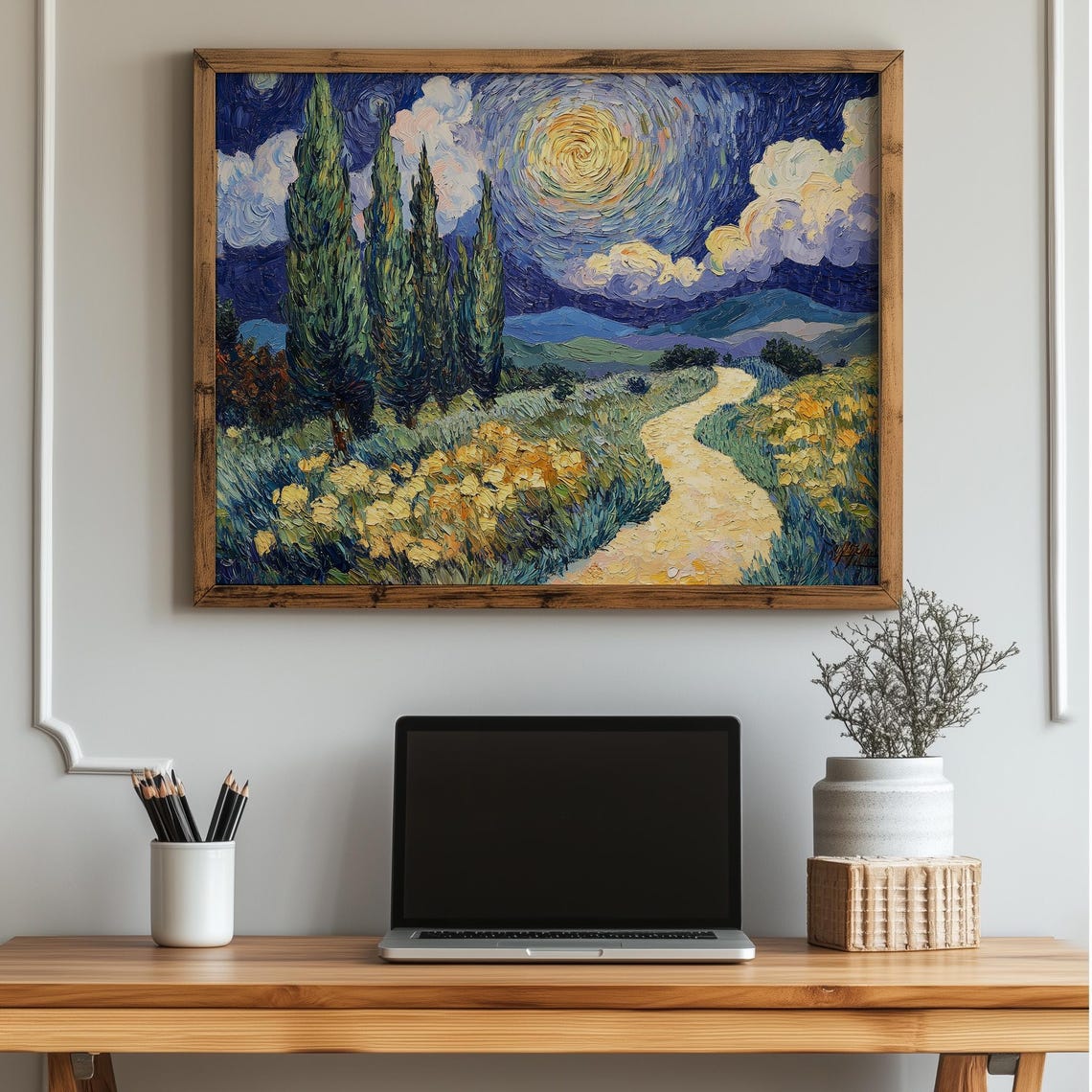 Starry Sky Cypress Trees Impressionist Landscape Painting Poster