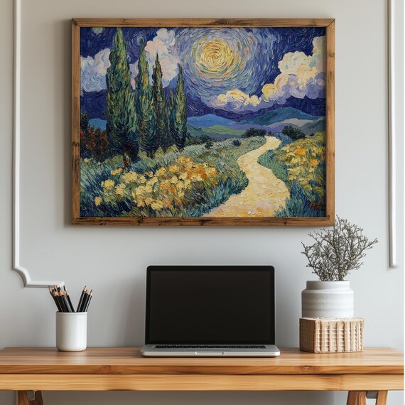 Starry Landscape Print Inspired Wall Art Swirling Sky Painting Bold Impressionist Path Decor For Living Room Or Studio 14