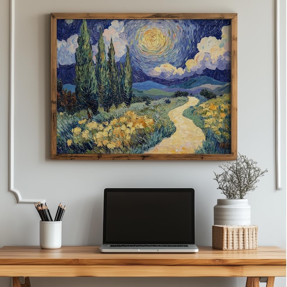 Starry Sky Cypress Trees Impressionist Landscape Painting Poster