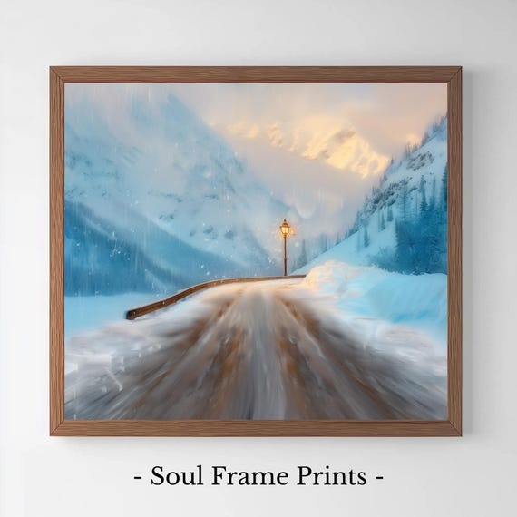 Winter Road In Snowstorm Moody Landscape Art Rustic Mountain Scene Lamp Post Charm Wall Decor 139