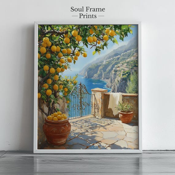 Amalfi Coast Lemon Tree Wall Art Mediterranean Terrace View Citrus Garden Decor Painting For Kitchen Dining Room 430