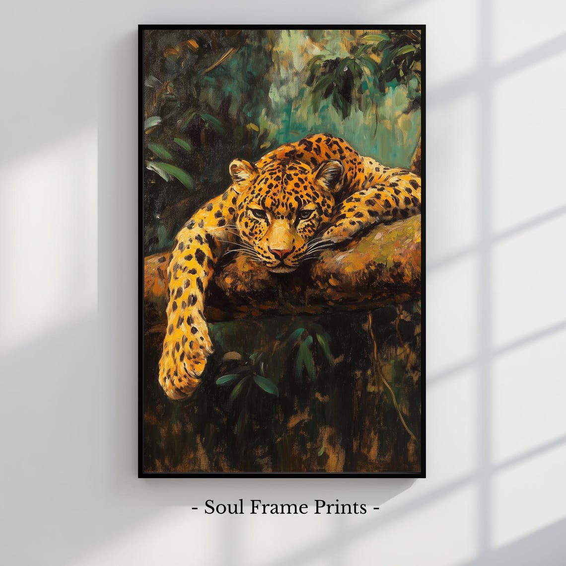 Leopard Resting On Tree Branch Jungle Painting Poster Big Cat Art