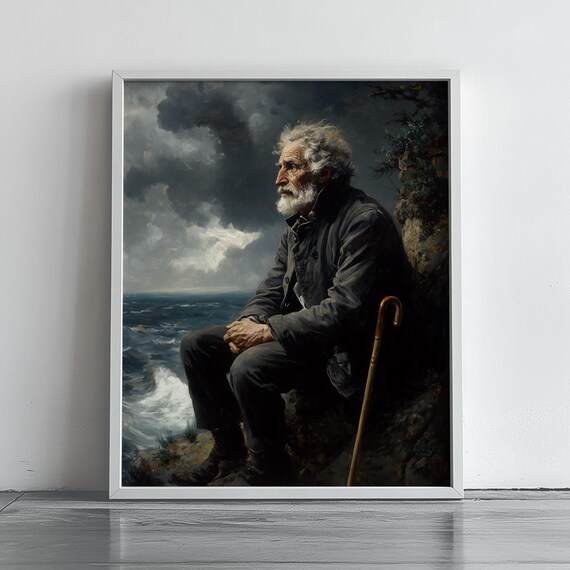 Elderly Man On Stormy Seaside Cliff Moody Oil Painting Wall Art