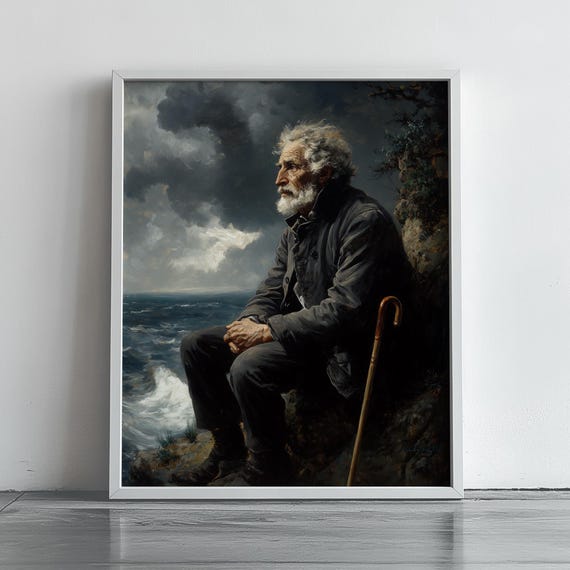 Moody Coastal Portrait Of Elderly Man Wall Art Stormy Ocean Scene Seaside Cliff Painting Decor Print 310