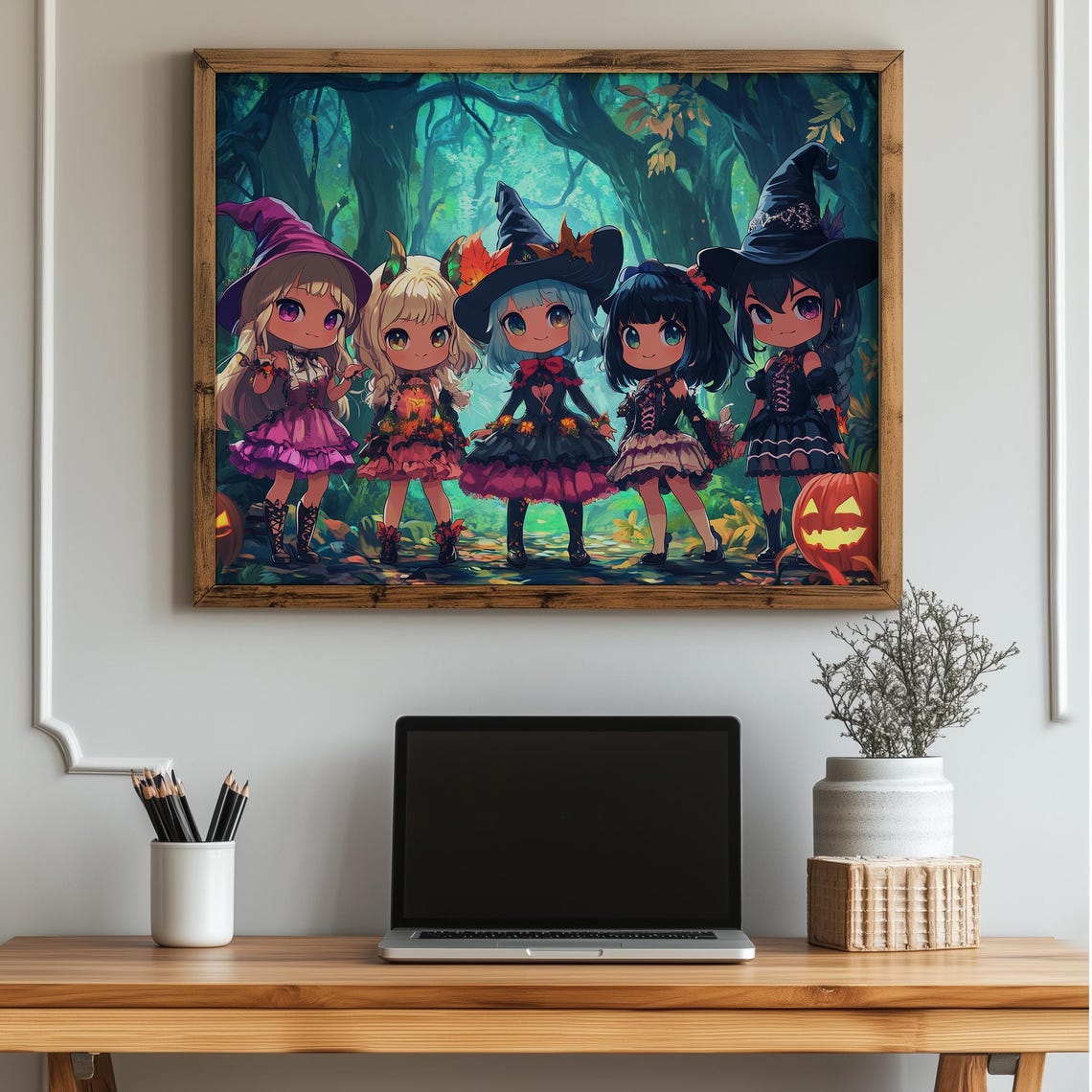 Chibi Witch Group Halloween Spooky Forest Anime Style Poster