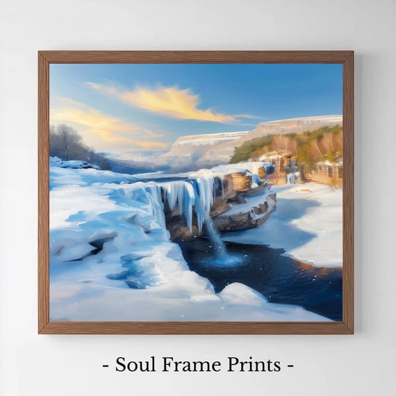 Winter Waterfall Scene Icy Cliffs And Frozen Landscape Wall Art Serene Nature Decor Rustic Wonderland Painting 138