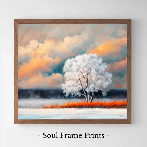 Winter Tree In Foggy Meadow Sunrise Landscape Art Rustic Decor Painting Tranquil Scene For Cozy Wall 136