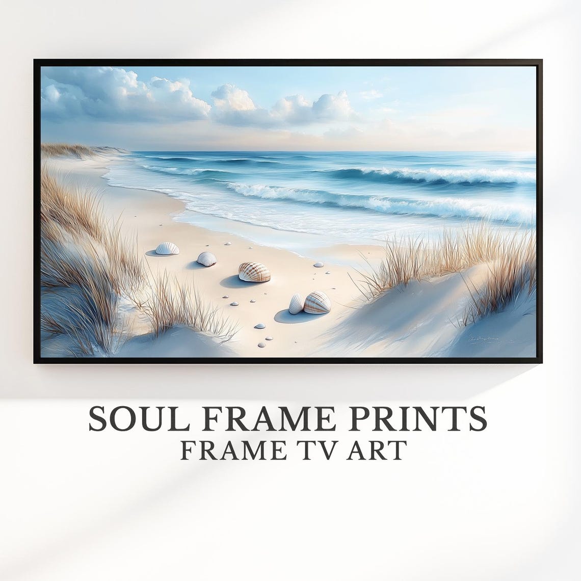 Minimalist Beach Seashells Dunes Ocean Waves Calm Frame TV Art Print