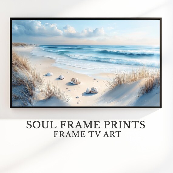 Minimalist Beach Seashells Dunes Ocean Waves Calm Frame TV Art Print