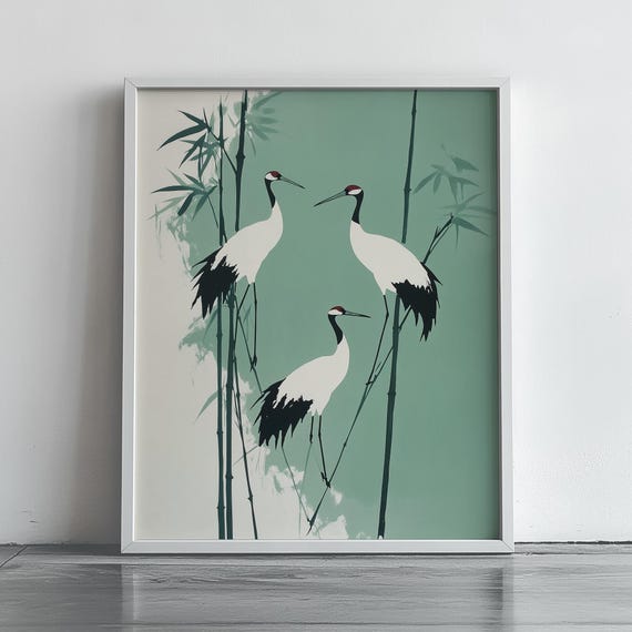 Red Crowned Cranes Bamboo Poster Japandi Mint Green Japanese Bird Art