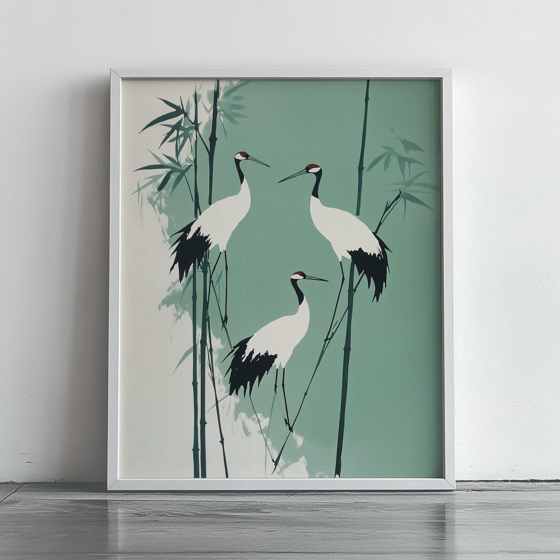 Red Crowned Cranes Bamboo Poster Japandi Mint Green Japanese Bird Art