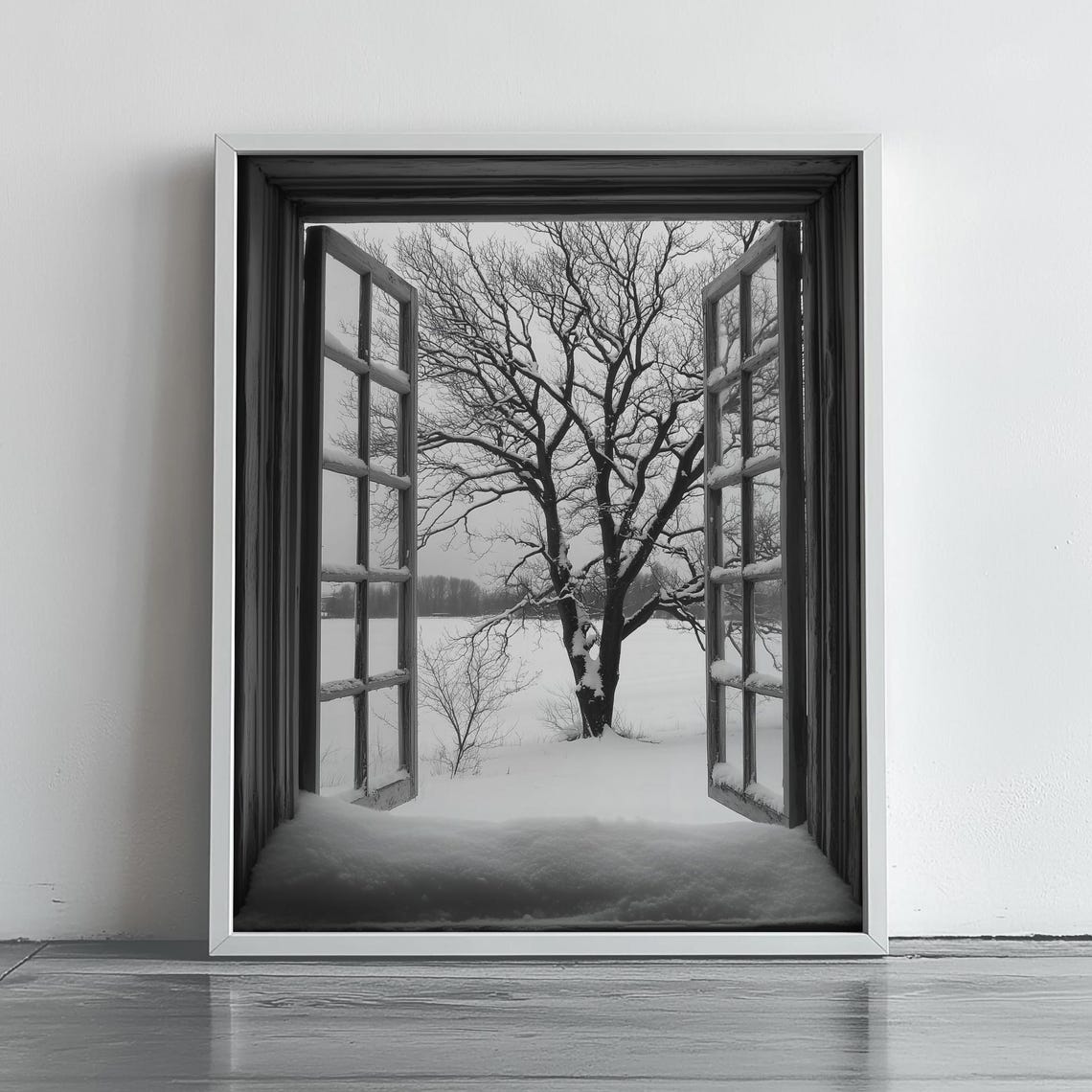 Open French Window Onto Snowy Winter Landscape Tree View Poster