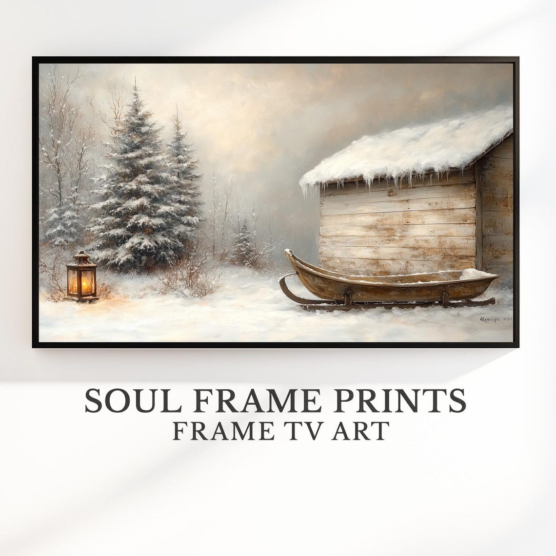 Rustic Winter Barn With Antique Sled and Lantern Snowy Poster