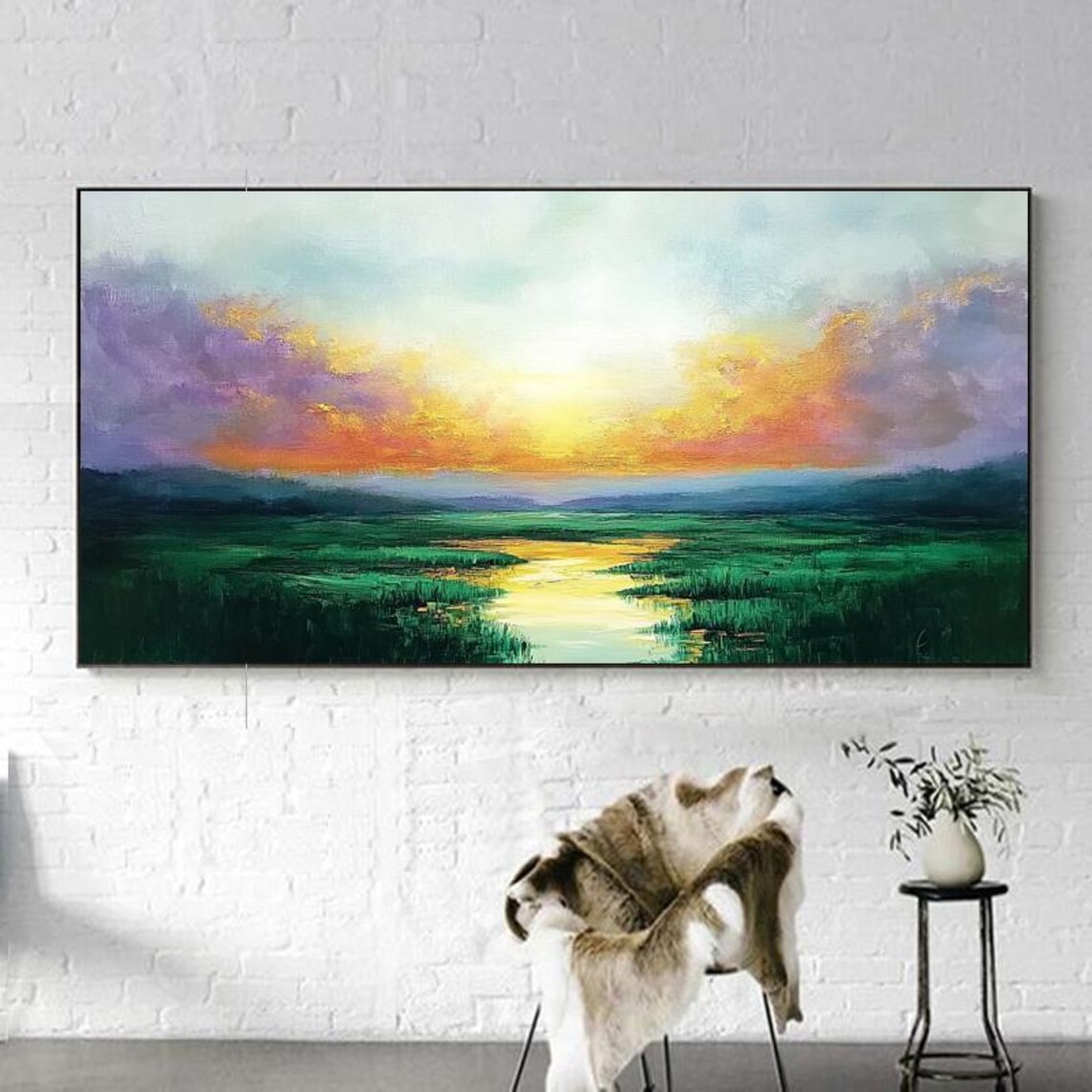 Sunrise Over Water Lily Wetland Golden Meadow Nature Painting Poster