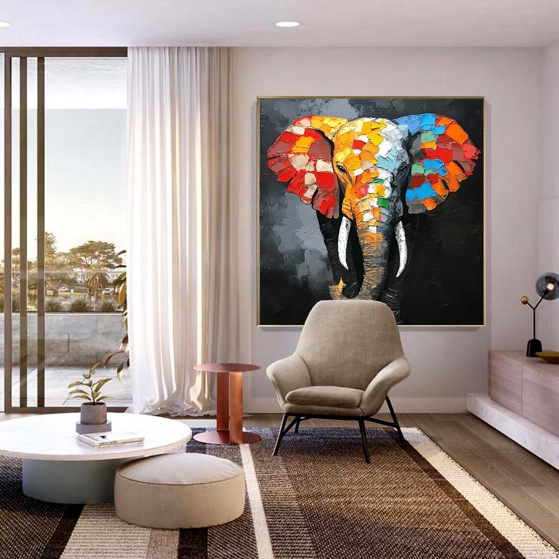 Colorful Mosaic Elephant Head On Deep Black Background Statement Art Poster - Image 3