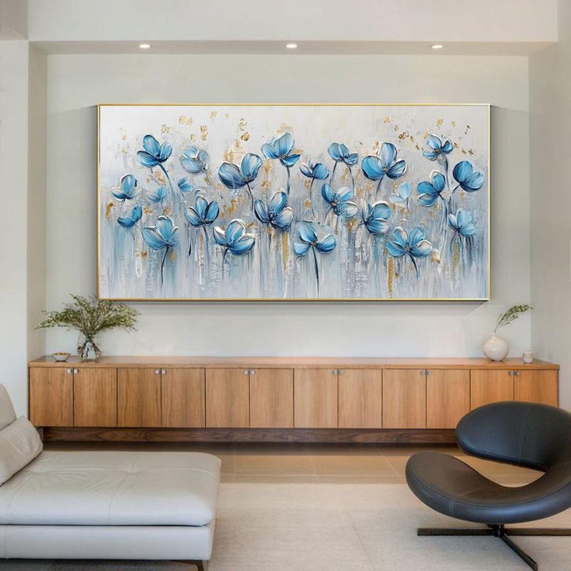 Delicate Blue Wildflowers Sprinkled With Gold Panoramic Wall Art - Image 4